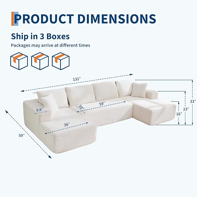 Boneless Couch U Shaped Sectional 130'' Modern Modular Cloud Couch with 2 Chaise Lounge, 4-Seat Corduroy Deep Seat Sofa with Pillows for Living Room