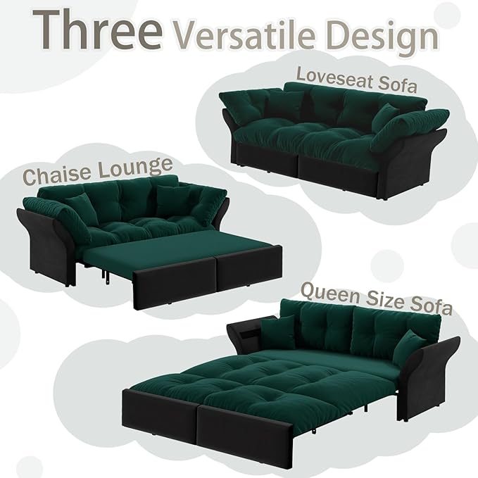74.8" Queen Size Pull Out Sofa Bed, 3-in-1 Convertible Sleeper with 2 Pillows, Tufted Velvet Loveseat for Living Room, Apartment, Bedroom Small Spaces, Green | 3-in-1 Convertible, Pull Out Sofa Bed, Velvet Sofa Bed