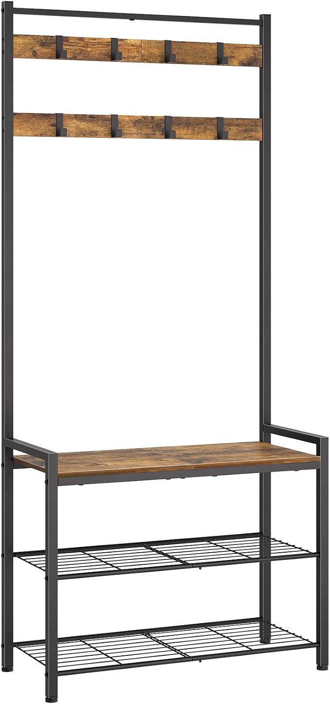 YATINEY Hall Tree, Coat Rack with Shoe Bench, Entryway Bench with Shoe Storage, Multifunctional Entryway Storage Organizer, Metal Frame and 8 Movable Hooks, for Hallway, Rustic Brown MT01BR by Yatiney