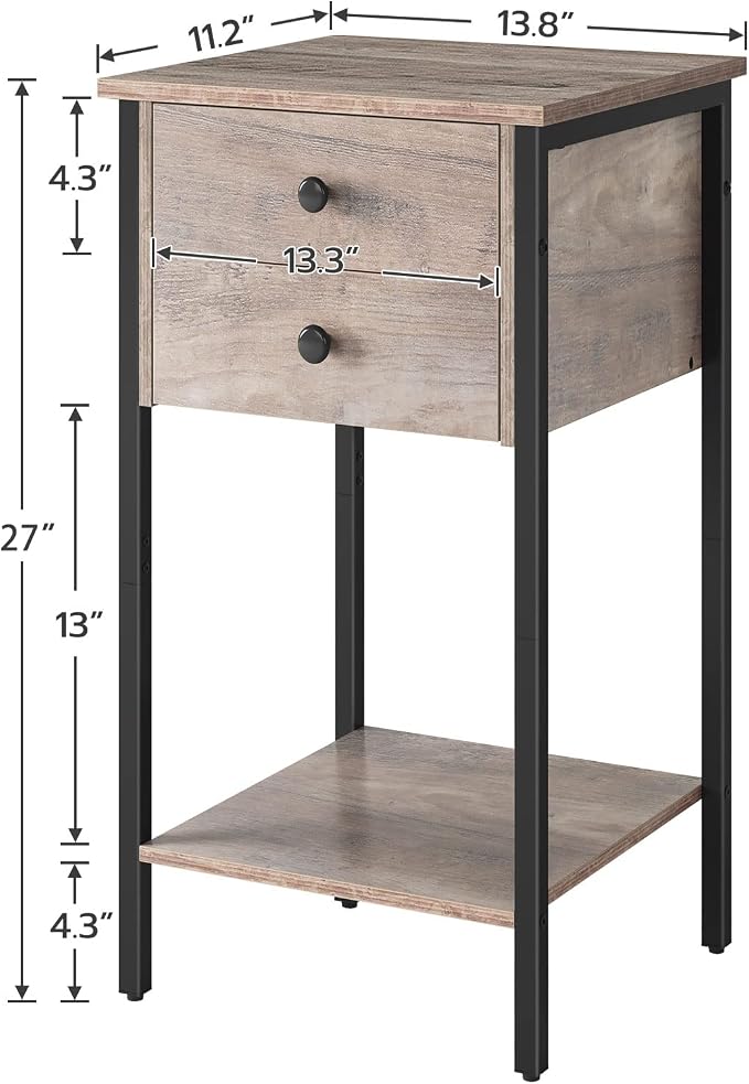 HOOBRO Tall Nightstand, End Table with 2 Drawers and Storage Shelf, Industrial Telephone Side Table for Study, Bedroom, Space Saving, Easy Assembly, Greige and Black BG72BZ01 - Image 3