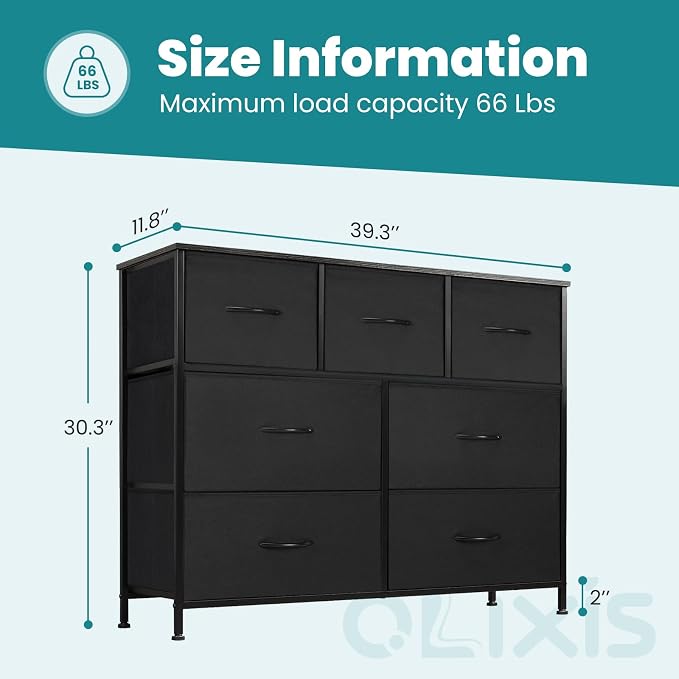 OLIXIS Dresser for Bedroom, 7 Storage Drawers, Wide Fabric Closet Chests Organizer Tower Furniture, TV Stand with Wooden Top Metal Frame for Clothes, Living Room, Hallway, Entryway, Black - Image 3