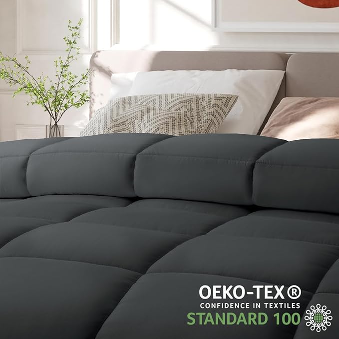 COHOME California King Size Comforter, All-Season Quilted Down Alternative Duvet Insert, Luxury Hotel GentleSoft Comforter with Anti-Clump Tech & 8 Tabs - Reversible - Dark Grey 96 x104 inches