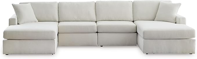 Signature Design by Ashley Modmax Stain Resistant Minimalist Modular Anti Sag 4-Piece Double Chaise Sectional with Loose Reversible Cushions and 2 Accent Pillows, White