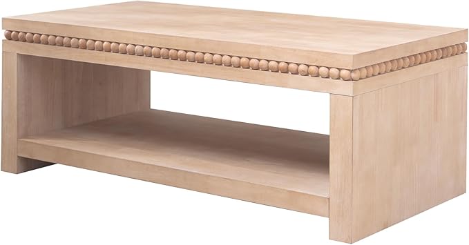 Rectangular Coffee Table with Real Wood Beads, Rustic Wooden Center Table with Open Storage Shelf, Farmhouse Tea Table for Living Room Apartment Office,47.6" L x 23.7" W x 18" H