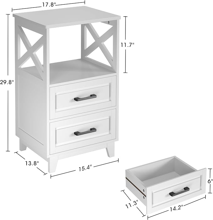 May in Color White Nightstand Set of 2, Tall Side Table, Farmhouse End Table with 2 Large Storage Drawers Cabinet, Wooden Rustic Bedside End Table for Bedroom, Home Office, White - Image 3