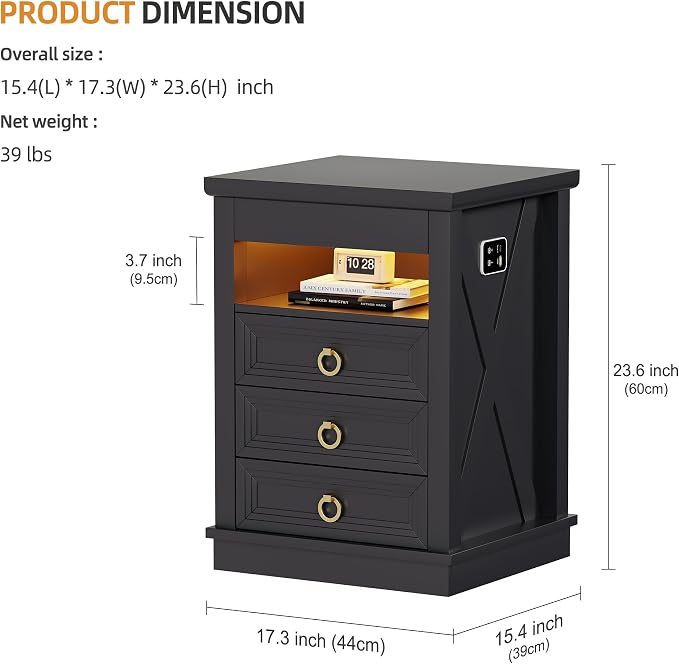 HNEBC Set of 2 Smart Night Stand with Gun Drawer,LED Nightstand with Charging Sation,Bedside Table with 3 Color Lights,End Table with Glass Desktop,3 Drawers,Bedroom,Black - Image 2