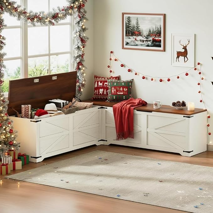 DWVO L-Shaped Storage Bench, 18" High Corner Dining Bench with Safety Hinges, Wooden Nook Chest for Living Room, Bedroom by DWVO