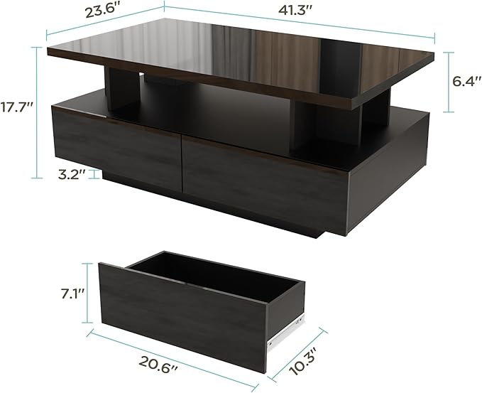 MHOM 41.3" LED Coffee Table, Modern High Gloss Living Room Table with 4 Drawers, Stylish Center Table for Living Room, Office and Apartment, Black