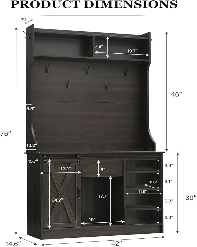 4ever2buy Farmhouse Hall Tree with Bench 5-in-1 Entryway Bench with Coat Rack with Sliding Barn Doors Entryway Coat Rack with Shoe Storage Dark Oak - Image 2
