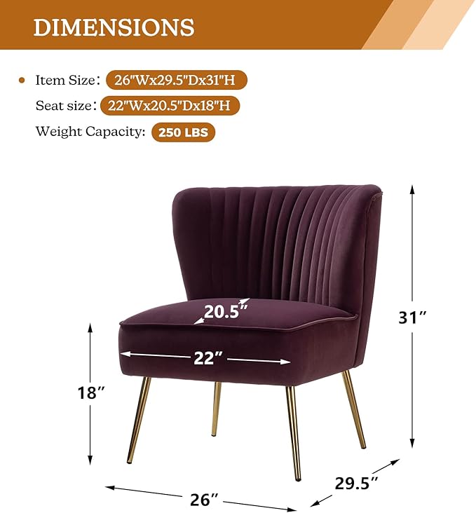 HULALA HOME Velvet Accent Chair, Modern Upholstered Cute Side Chair with Gold Metal Legs, Armless Wingback Slipper Chair Comfy Living Room Chair for Bedroom Guest Room Vanity, Purple