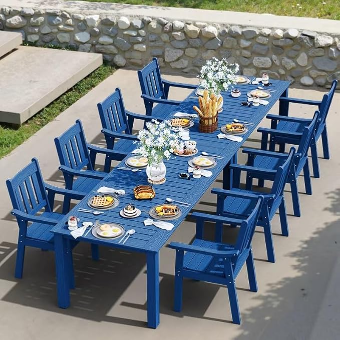 YEFU HIPS Patio Table Set: 10 Piece Outdoor Table and Chairs Dining Furniture Set with Umbrella Hole - Blue Modern Plastic Dining Sets 8 Person for Outside Deck with Metal Aluminum Frame - Image 9