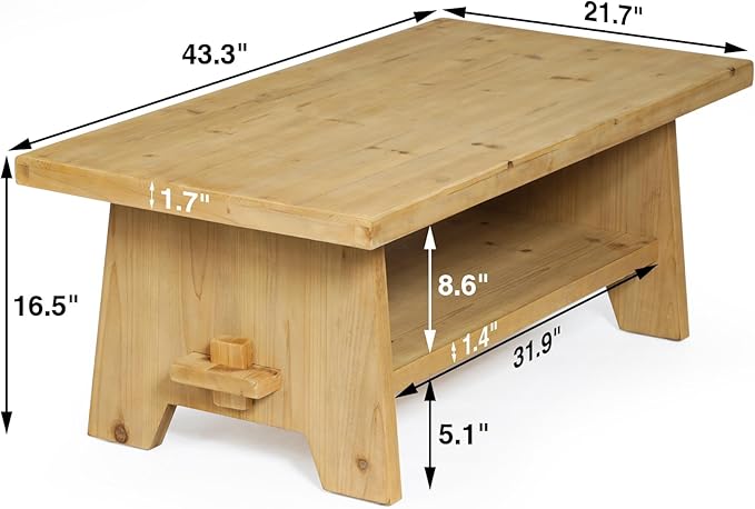 Farmhouse Wood Coffee Table - 43.4” Mid Century Modern Wooden Coffee Tables for Living Room, Solid Firwood Tabletop Rectangle Coffee Table, Center Table for Living Room, Natural Wood Color