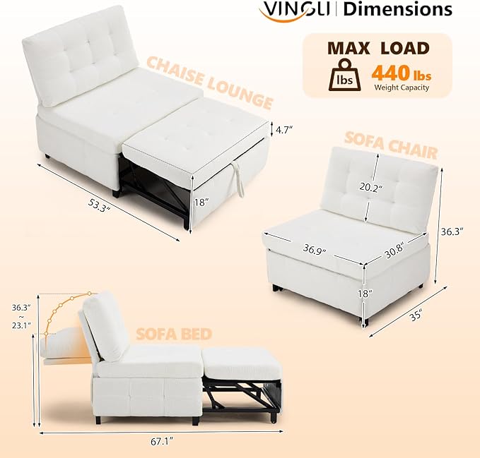 VINGLI Convertible Sofa Bed Tufted Teddy Fleece Sleeper Chair Bed Couch Armless Living Room Chairs with Adjustable Backrest Pull Out Couch Bed for Small Spaces | Armless Sofa Bed