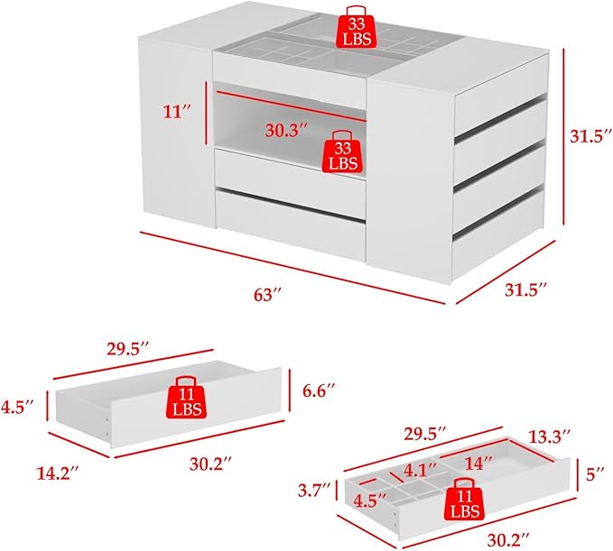Armoire Bedroom Island Wardrobe Closet Island with 14 Drawers & Glass Tabletop, Island Dresser with Jewelry Organizer, Island for Bedroom Cloakroom White (63”W x 31.5”D x 31.5”H)