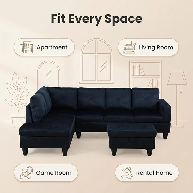 Microfiber Sectional Couch, L-Shape Sofa with Storage Ottoman, Modern 3-Piece Sofa Set for Living Room, Contemporary Upholstered Couch Set with Solid Wood Frame for Apartment, Midnight Blue