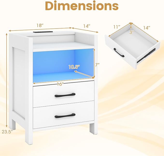 KOMFOTT Nightstand with LED Lights & Charging Station, 23.5” Smart Bedside Table with 2 Drawers & Open Storage Shelf, USB Port & Outlets, Modern End Side Table for Bedroom, White - Image 3