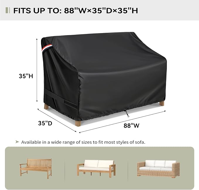 KylinLucky Patio Furniture Sofa Covers 88W x 35D x 35H inches,3-Seater Outdoor Waterproof Couch Loveseat Bench Cover Black - Image 2