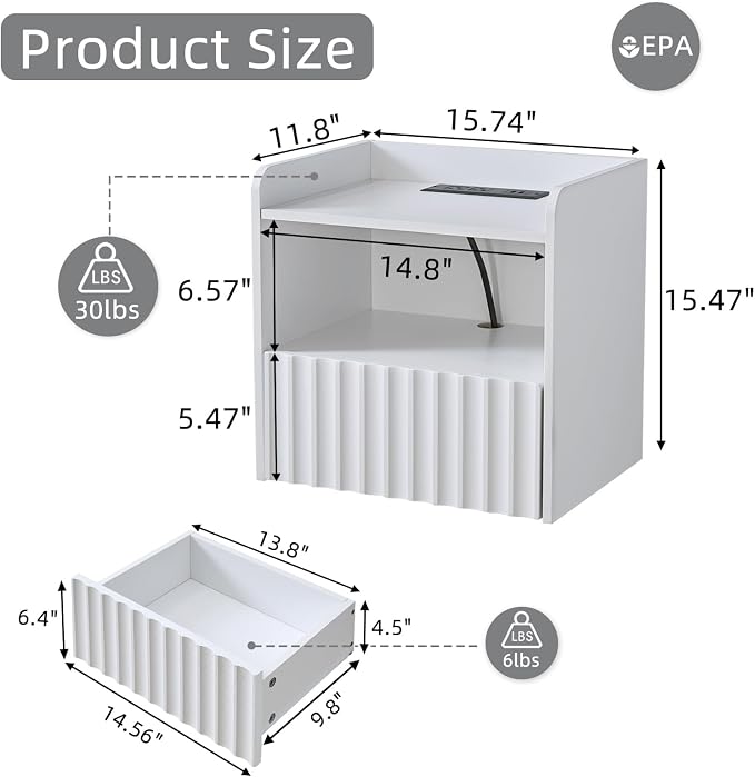 BuildHom Modern Fluted Floating Nightstand Wall Mounted Set of 2- Bedside Table with Storage Drawer & Display Shelf, Minimalist Bedroom Furniture for Studio Apartments (Matte White) - Image 2