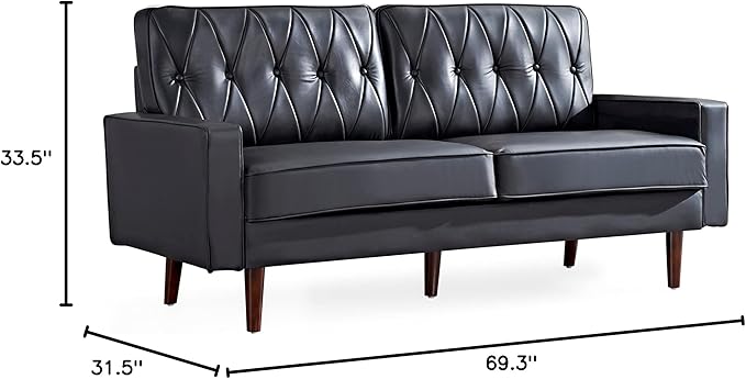 Container Furniture Modern Style Faux Leather Sofa with Elegant Round Tapered Legs and Button Tufted Backrest Perfect for Living Room, Bedroom or Home Office, 69.3’’ Wide, Black