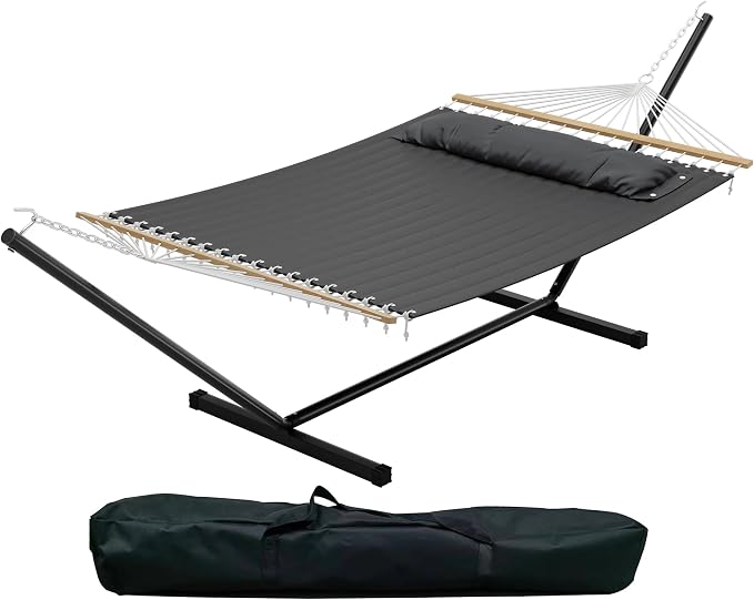 Double Hammock with Stand for 2 Person, Outdoor Freestanding Hammock Bed with 475lb Capacity - Heavy Duty Steel Frame, Quilted Pillow & Portable Carry Bag, Easy Assembly, Dark Gray - Image 8