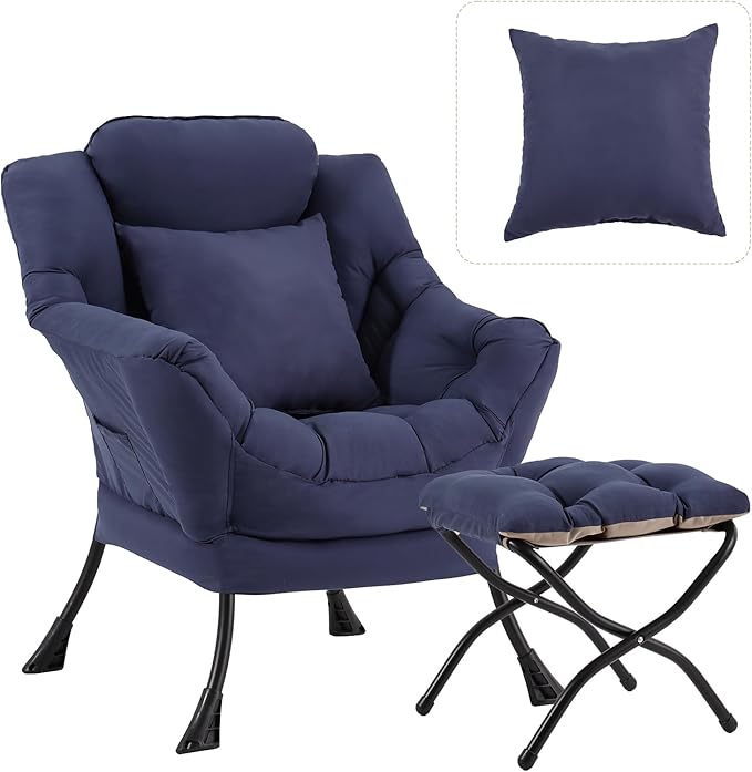 Lazy Chair with Ottoman, Large Accent Chair with Ottoman and a Throw Pillow, Navy Reading Chair for Living Room Bedroom Dorm Room Office Apartment Relaxing Use