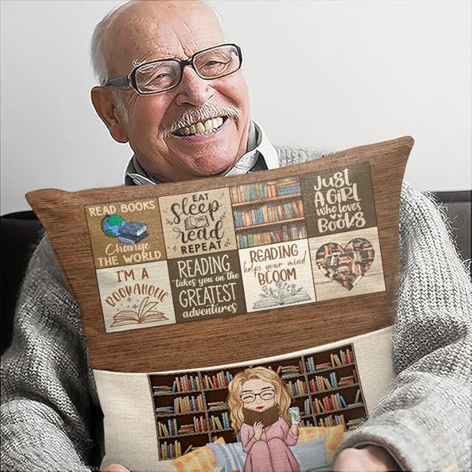 Custom Pocket Pillow, Personalized Bookish Gifts for Book Lovers, Booknerds, Bookworms, Reading Helps Your Mind Bloom, Birthday Librarian Gift for Women Teacher Students, Book Club Gifts