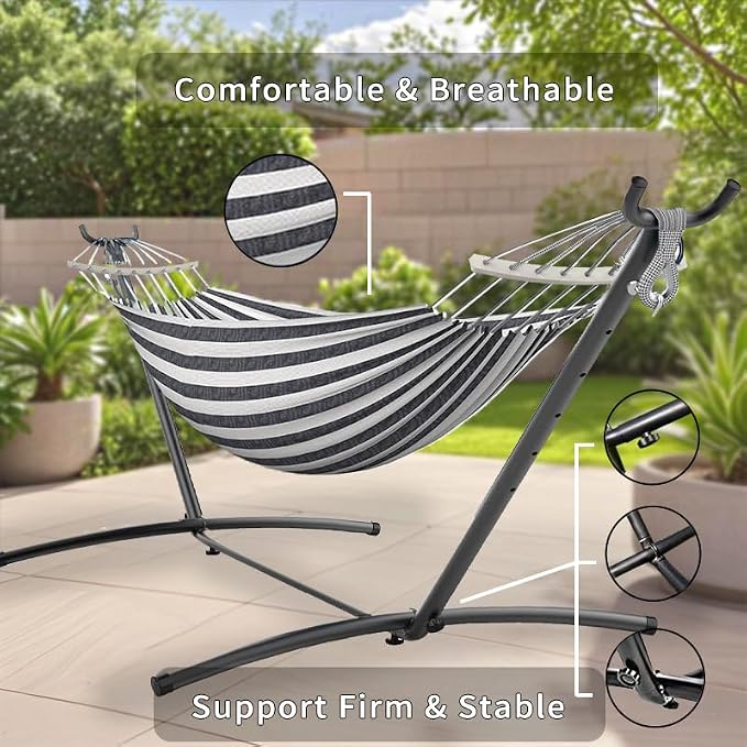 ANAGOO Double Hammock, Heavy Duty Portable, 500 lb Weight Capacity, Perfect for Both Indoors and Outdoors, 2 Person Hammock with Carrying Bag, Black White - Image 5