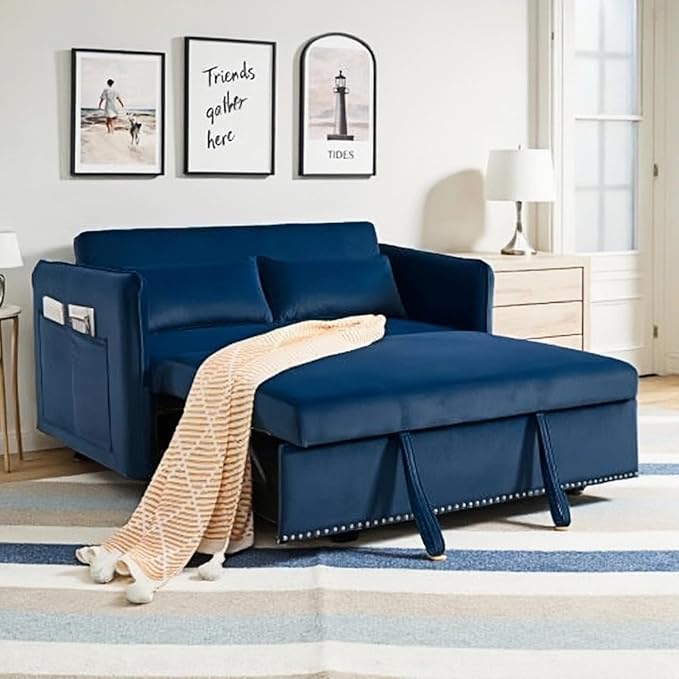 3 in 1 Sofa Bed, Convertible Pull Out Couch with Side Pockets, Velvet Fabric Loveseat Sleeper Sofa Bed, Pull Out Couch with Adjustable Backrest for Living Room, Bedroom, Apartment, Blue