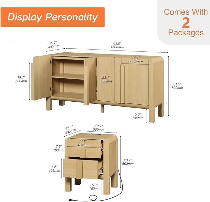 WAMPAT 2 Piece Bedroom Set, Modern 63" Wide Dresser Cabinet and Nightstand Set with Charging Station,Wood Storage Closet Chest with Curved Profile Handles for Bedroom,Oak