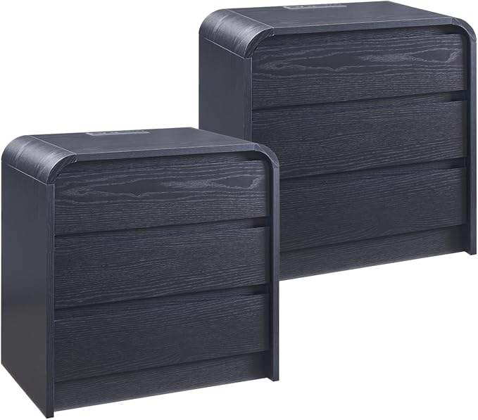 Aitjunz 25" Tall Modern Nightstand Set of 2, 23.6" Wide Wood Bedside Table with Charging Station, 3 Storage Drawers Side Table w/Curved Profile Design, End Table for Bedroom, Black by AITJUNZ