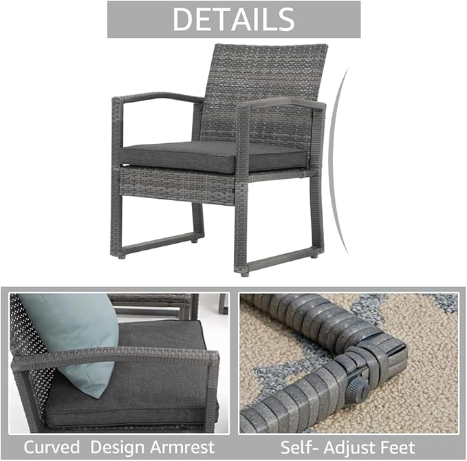 Patiorama 3 Piece Outdoor Patio Furniture Conversation Set, Rattan Chair Set With Coffee Table, For Garden, Balcony, Backyard, Poolside (Dark Grey)