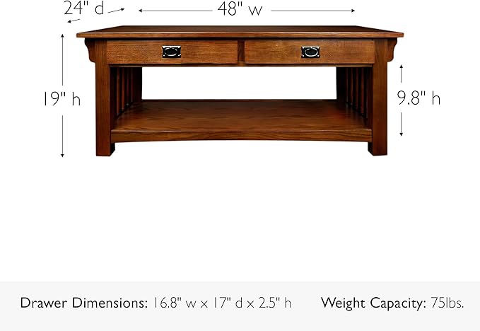 Leick Home Mission Impeccable Coffee Table, Solid Wood with 2 Drawers & Shelf, Medium Oak Finish, Blackened Hardware, Slatted Sides, Easy Assembly, 48 in W x 24 in D x 19 in H, 8204