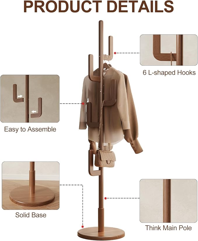 Muwuele Solid Wood Cactus Coat Rack, Freestanding Coat Rack With 6 L-Shaped Hooks and 3 Adjustable Sizes, Coat Tree for Bedroom, Entryway, Livingroom, Coat Hanger Stand for Coats, Handbags (Walnut) - Image 6
