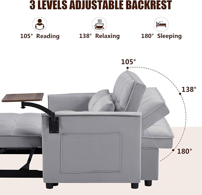 3 in 1 Sleeper Sofa Couch Bed, Pull Out Loveseat with Storage, Full Size Velvet Convertible Chair with 2 Pockets & 2 Pillows for Living Room, Grey