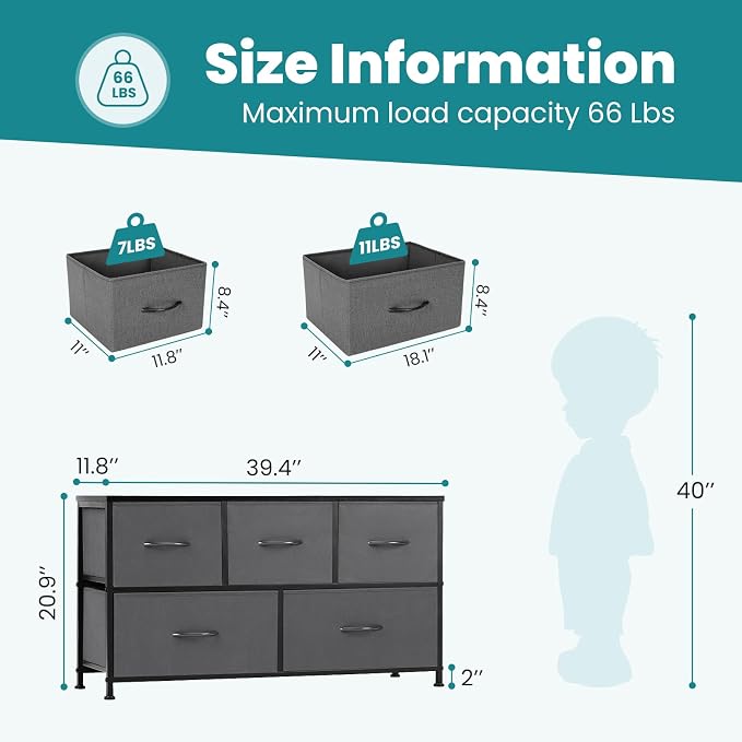 OLIXIS Dresser for Bedroom with 5 Drawers, Wide Chest of Drawers, Fabric Bedroom Dresser with Drawer Organizers, Storage Organizer Unit with Fabric Bins for Closet, Living Room, Hallway - Image 3