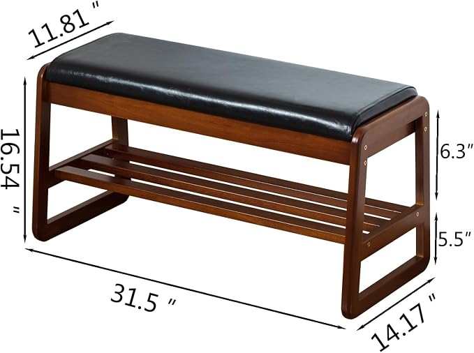 Solid Wood Shoe Bench, 2-Tier Entryway Bench with Cushion and Flip-Open Storage Box, Mid-Century Modern Shoe Bench Rack for Hallway, Mudroom(Black, 31.5'') - Image 2