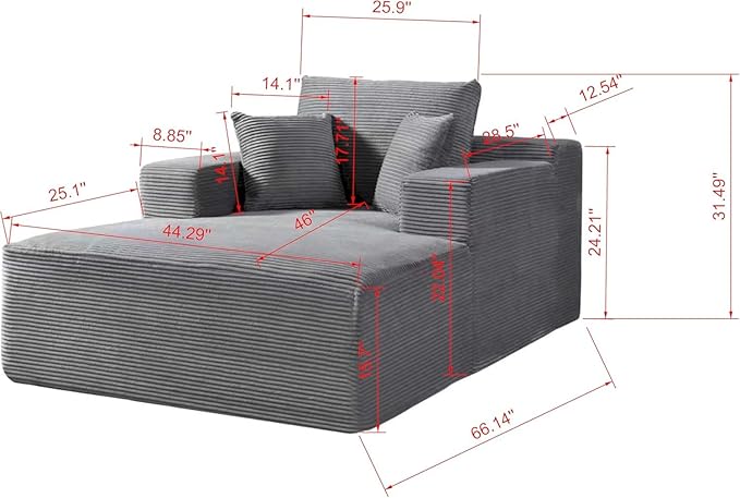 Monroe Convertible Chaise Lounge Chair Indoor – Oversized Corduroy Couch with Wide Armrest & Throw Pillows, Cozy Boneless Sleeper Sofa Bed Armchair, Ginger Yellow