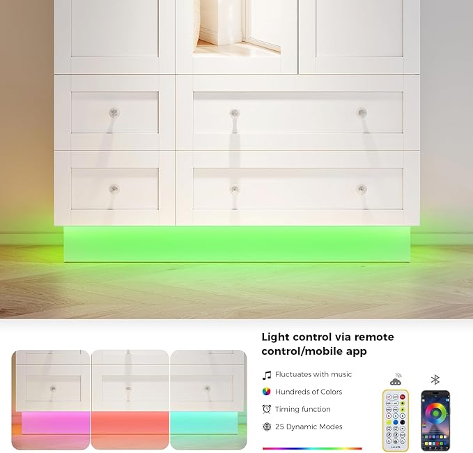 VOWNER Wardrobe Closet with 3 Doors, Bedroom Armoire with Mirror, LED Light, 4 Drawers and Hanging Rod, Large Capacity Storage Closet for Bedroom, White 47" L