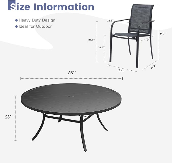 VICLLAX Round Outdoor Dining Set, Patio Table and Chairs Set Set of 10 Patio Stackable Chairs and 63" Outdoor Round Table with Umbrella Hole for Backyard Lawn Garden, Dark Grey Chairs and Black Table - Image 7