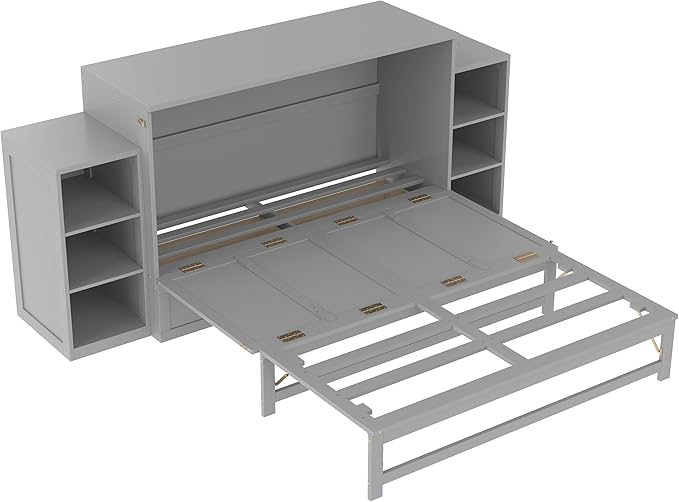 Bellemave Queen Size Murphy Bed, Cabinet Bed with 2 Shelves and Storage Drawers, Farmhouse Murphy Cabinet, Noisy Free, for Guest Bedroom, Living Room, Office, Light Gray
