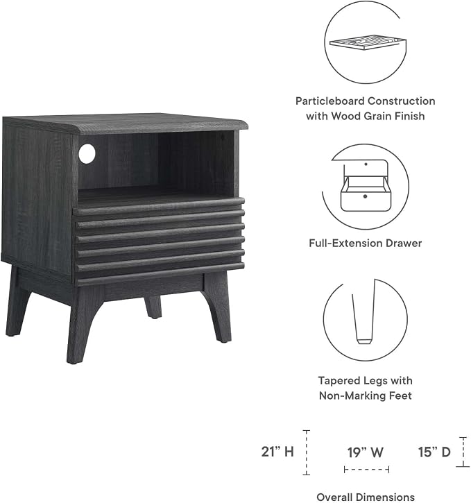 Modway Render Mid-Century Modern, One-Drawer Nightstand, Charcoal - Image 7