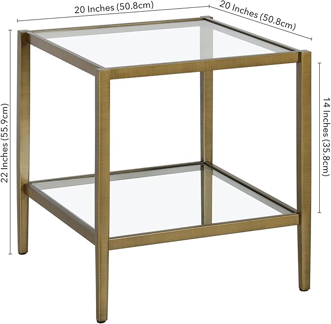 Henn&Hart 20" Wide Square Side Table with Glass Shelf in Antique Brass, Table for Living Room, Bedroom
