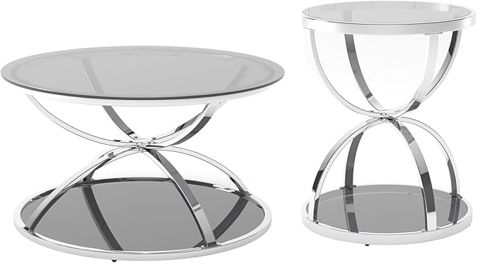 32" Tempered Glass Round Coffee Table with 20" Side Table Set, Modern Chrome Frame Dome Base Two Tiers Circle Living Room Center and Small End Tables, Set of 2