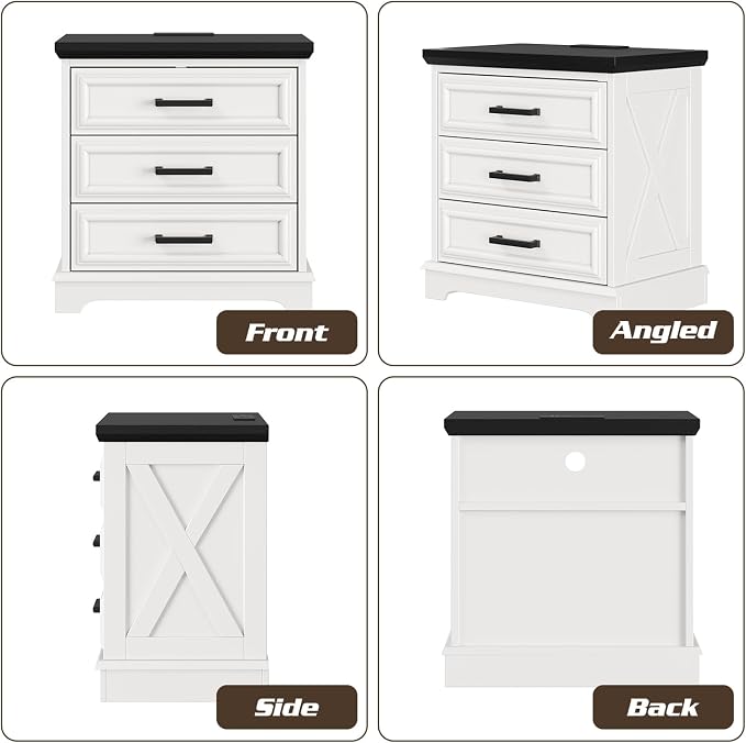 knoworld 24 Inch Wide Farmhouse Nightstands Set of 2 with Charging Station, White Nightstand with 3 Large Drawers, Rustic Wood End Table for Bedroom - Image 9