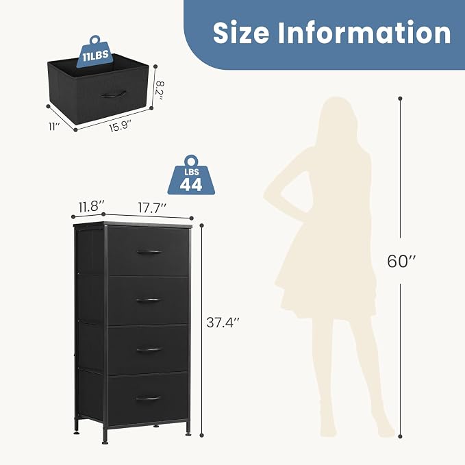 DUMOS Nightstand with 4 Drawers Bedside Table with Removable Fabric Bins Sturdy Steel Frame Wood Top Organizer Furniture for Bedroom Closet Living Room - Image 3