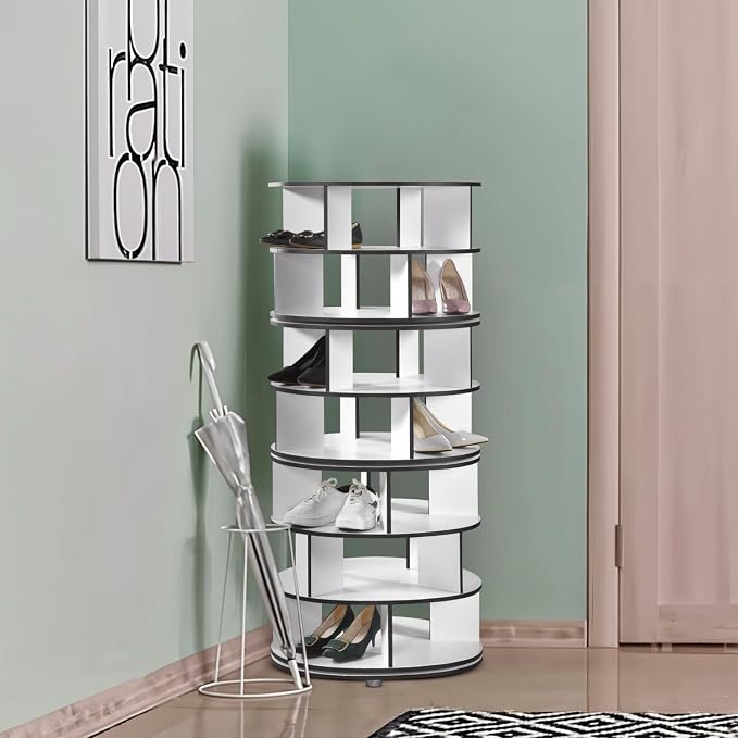 Kings Brand Furniture - 7-Tier Rotating Shoe Rack, 360° Revolving Lazy Susan Spinning Shoe Rack Tower Storage Organizer for Closet Entryway Bedroom Hallway, White - Image 6