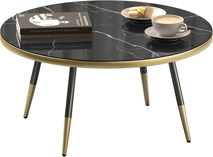 Round Coffee Table, Black Coffee Table for Living Room, Balcony 31.5" x 15.8" Space-Saving Black Marble-Textured Top, Sturdy Metal Frame with Black & Gold Finish | Premium Baked Paint, Easy Assembly