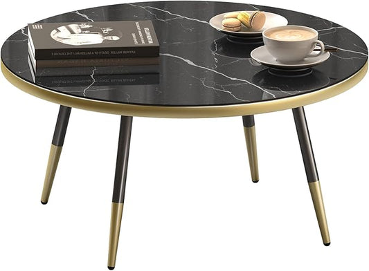 Round Coffee Table, Black Coffee Table for Living Room, Balcony 31.5" x 15.8" Space-Saving Black Marble-Textured Top, Sturdy Metal Frame with Black & Gold Finish | Premium Baked Paint, Easy Assembly