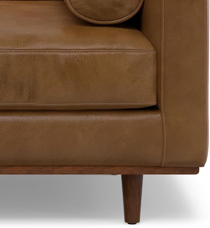 SIMPLIHOME Morrison Arm Chair - 42 inch Wide Upholstered Genuine Leather Mid-Century Modern Accent Chair in Caramel Brown with Solid Wood Legs, Reversible Bolster Pillows and Reclined Back