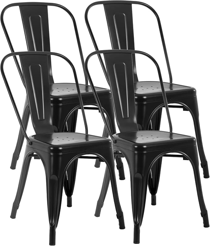 FDW | Metal Dining Chairs | Set of 4 | Black | Stackable Tolix Side Chairs with Backrest | Scratch-Resistant | Non-Slip Feet | Indoor/Outdoor Use | 330 lbs Capacity | for Kitchen & Restaurant by FDW